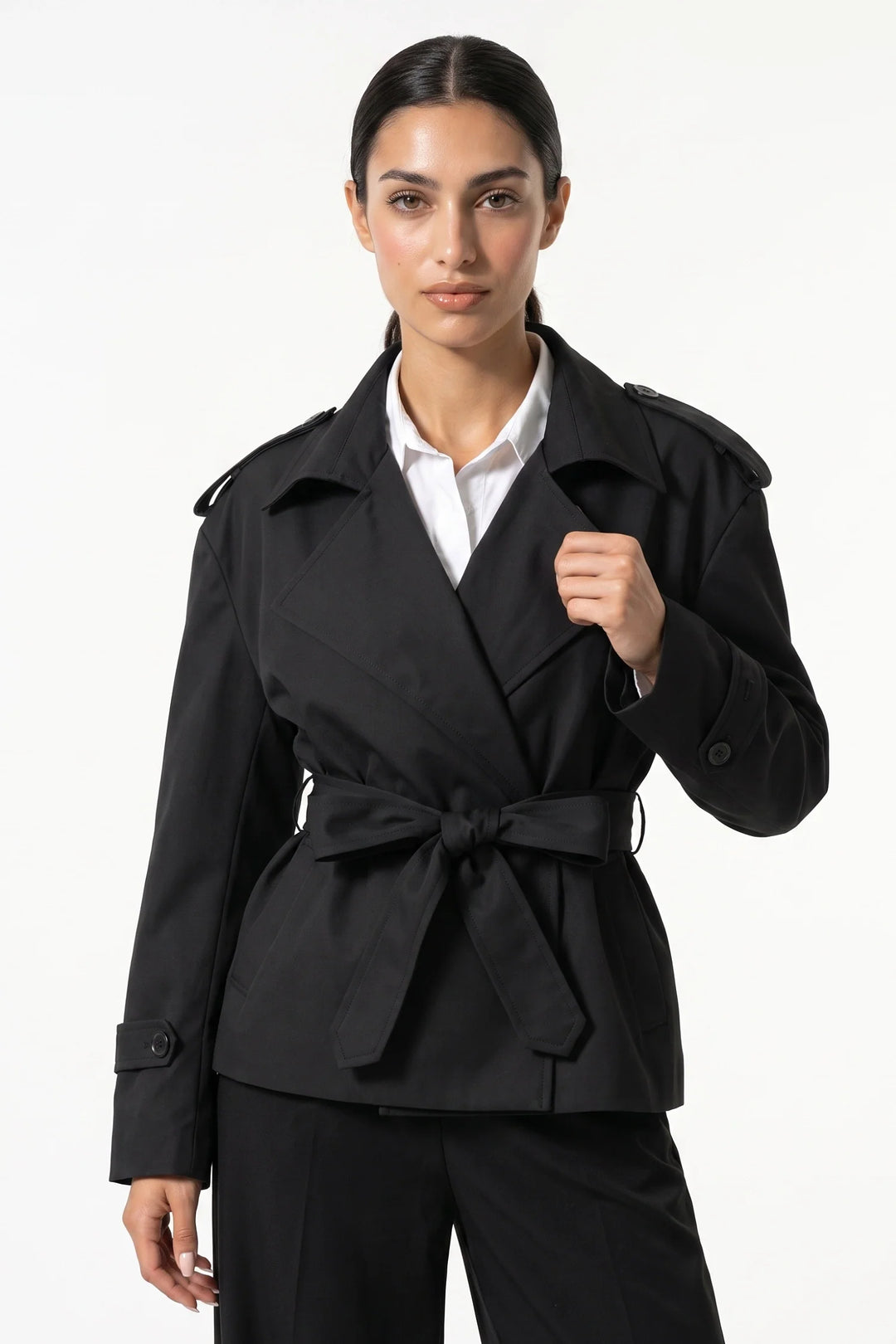 Fleur D’Avenel | Women’s Short Cropped Trench Coat with Belted Waist