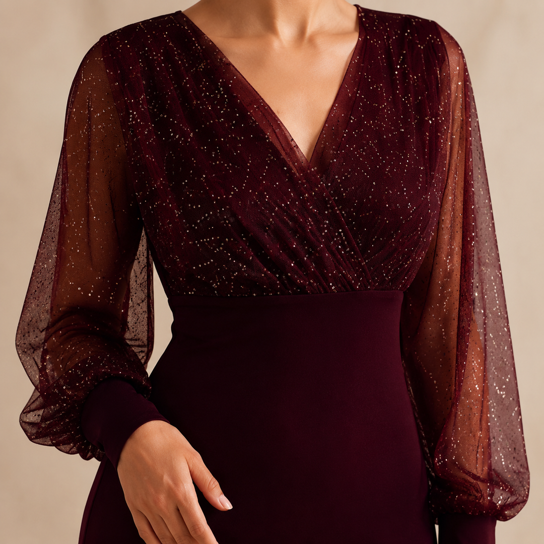 Félicie Legros | Glitter Mesh V-Neck Long Sleeve Bodycon Mini Dress