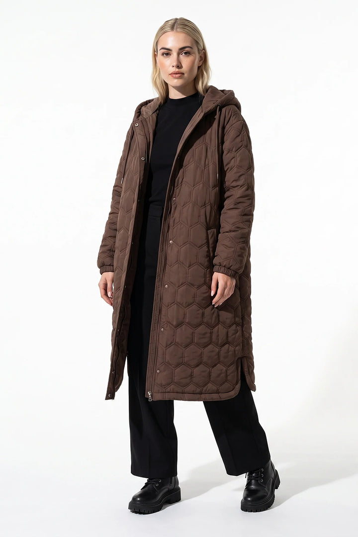 Sidonie D’Orsay | Women’s Winter Warm Longline Quilted Puffer Coat with Hood and Full Zip Front