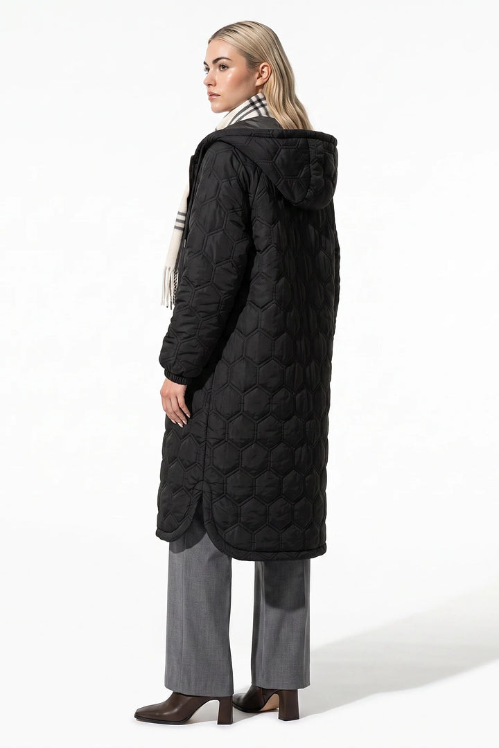 Sidonie D’Orsay | Women’s Winter Warm Longline Quilted Puffer Coat with Hood and Full Zip Front