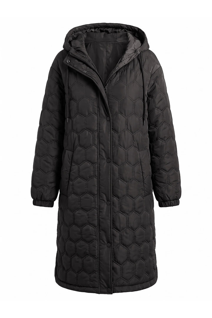 Sidonie D’Orsay | Women’s Winter Warm Longline Quilted Puffer Coat with Hood and Full Zip Front