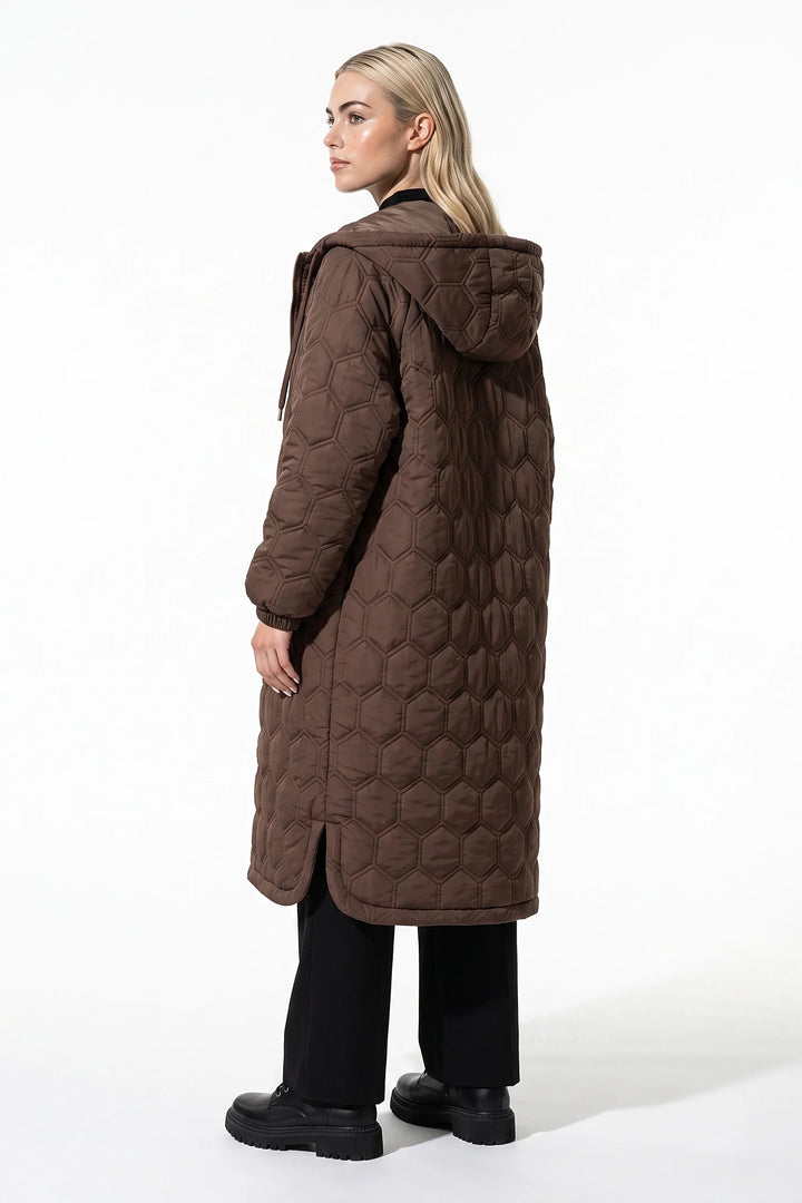 Sidonie D’Orsay | Women’s Winter Warm Longline Quilted Puffer Coat with Hood and Full Zip Front