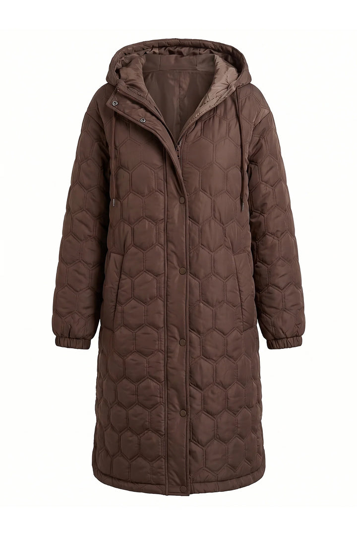 Sidonie D’Orsay | Women’s Winter Warm Longline Quilted Puffer Coat with Hood and Full Zip Front