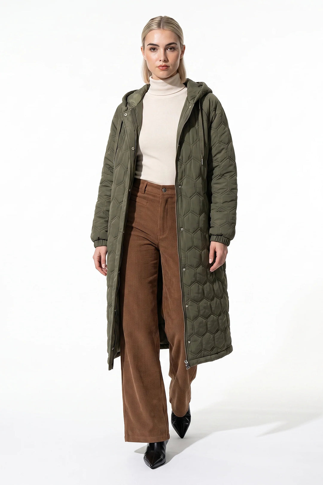 Sidonie D’Orsay | Women’s Winter Warm Longline Quilted Puffer Coat with Hood and Full Zip Front