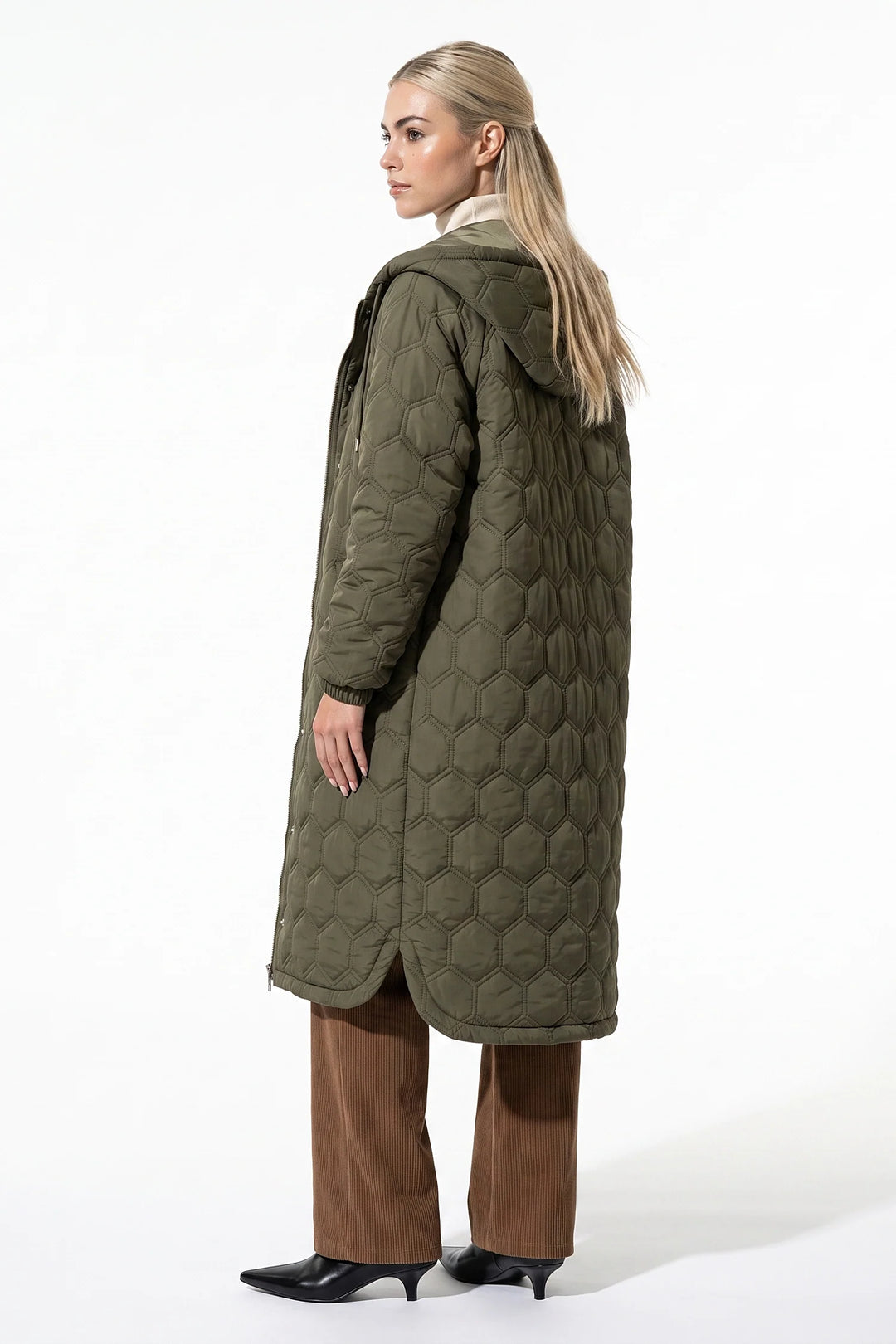 Sidonie D’Orsay | Women’s Winter Warm Longline Quilted Puffer Coat with Hood and Full Zip Front
