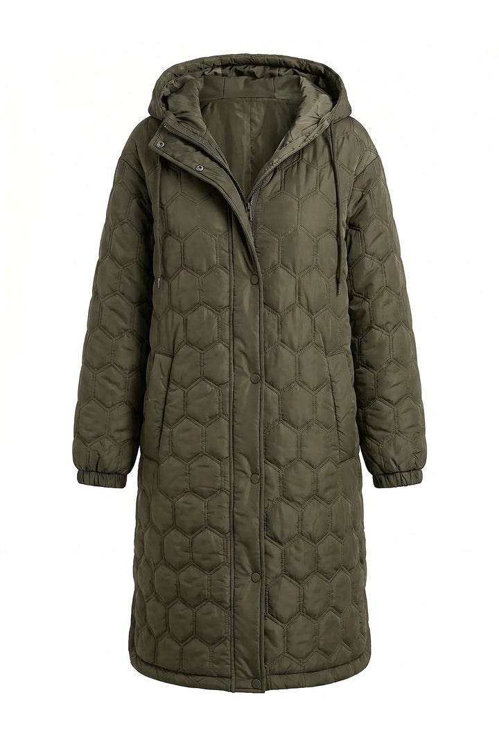 Sidonie D’Orsay | Women’s Winter Warm Longline Quilted Puffer Coat with Hood and Full Zip Front