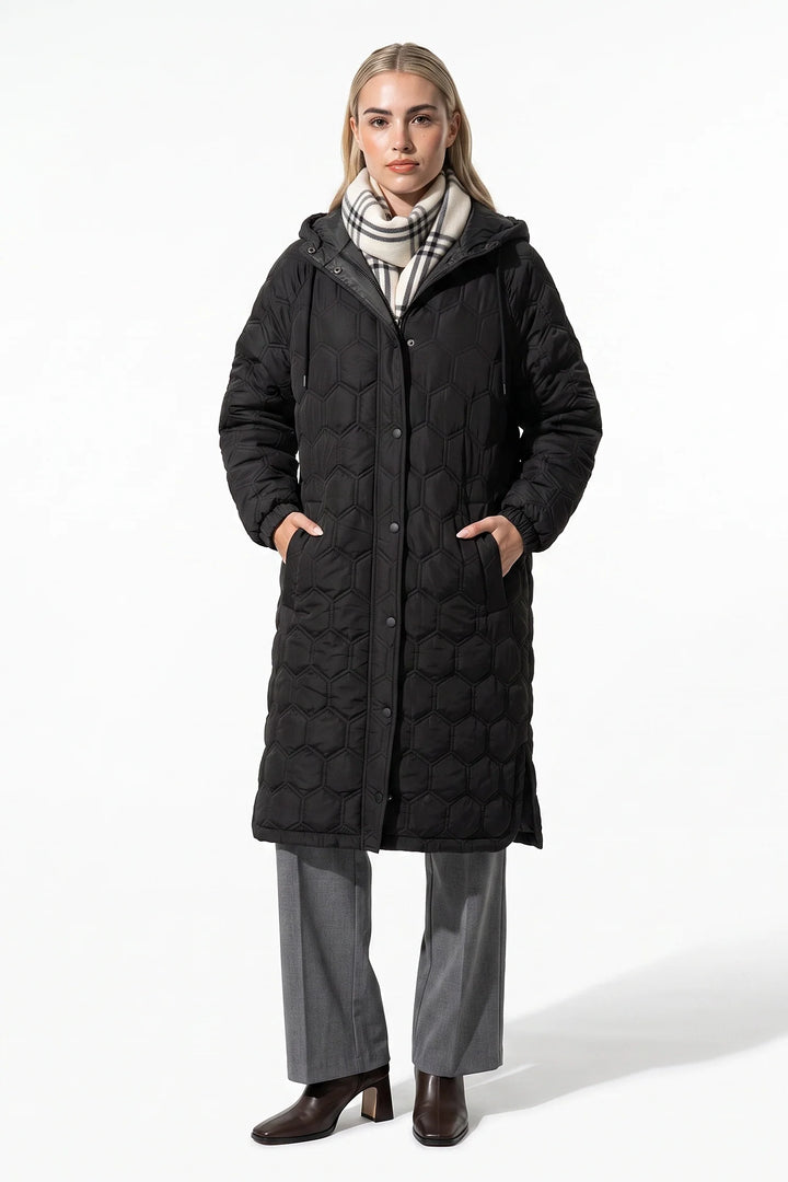 Sidonie D’Orsay | Women’s Winter Warm Longline Quilted Puffer Coat with Hood and Full Zip Front