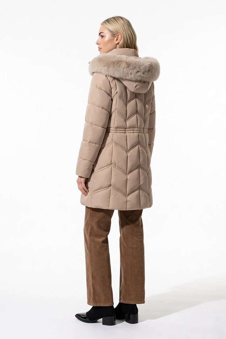 Lucile Vaudreuil | Women’s Winter Warm Longline Faux Fur Hood Puffer Coat with Adjustable Waist