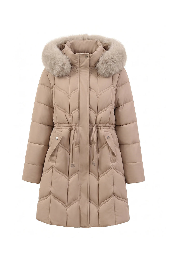 Lucile Vaudreuil | Women’s Winter Warm Longline Faux Fur Hood Puffer Coat with Adjustable Waist