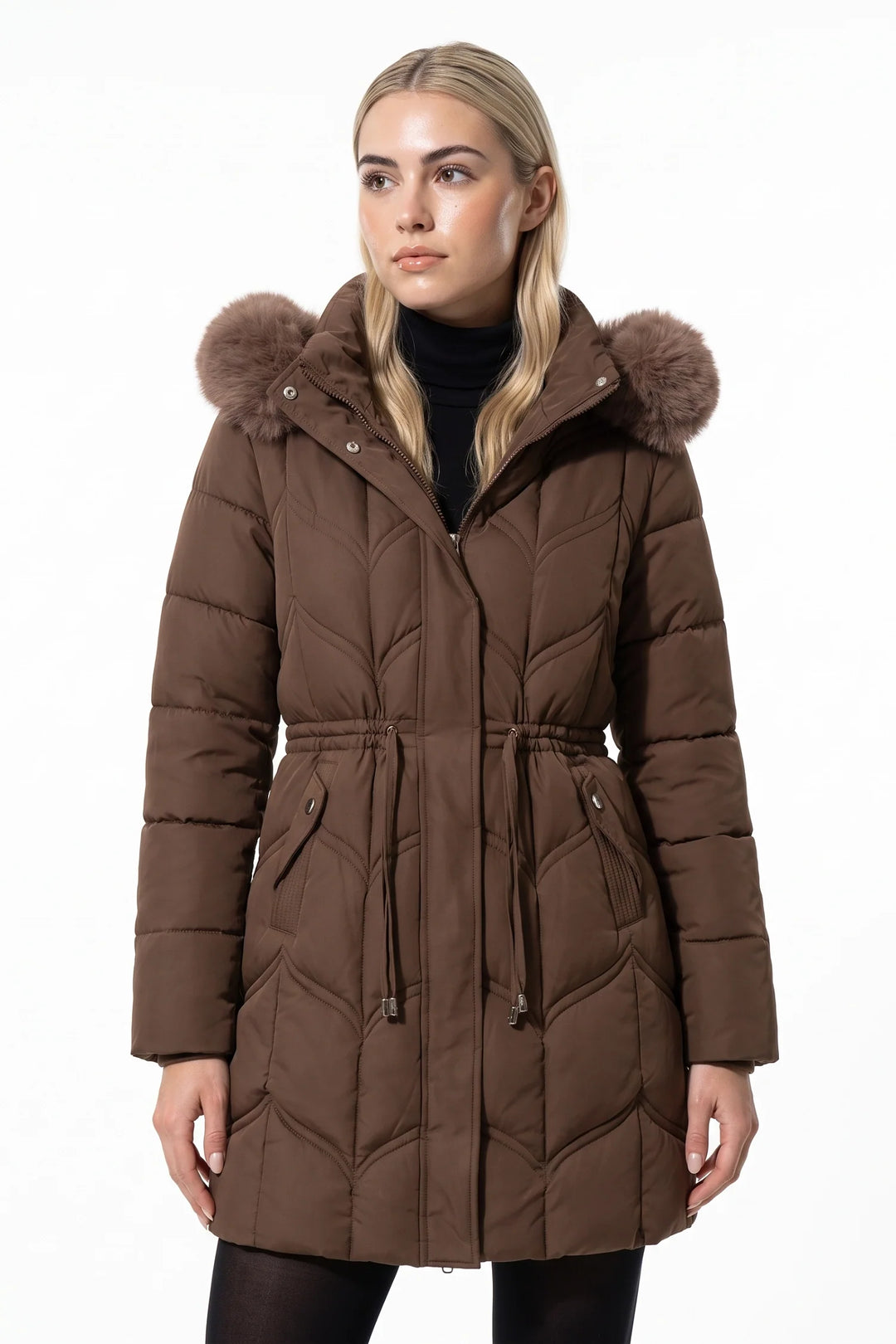 Lucile Vaudreuil | Women’s Winter Warm Longline Faux Fur Hood Puffer Coat with Adjustable Waist