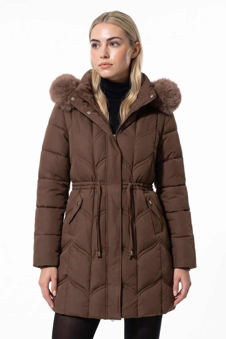 Lucile Vaudreuil | Women’s Winter Warm Longline Faux Fur Hood Puffer Coat with Adjustable Waist