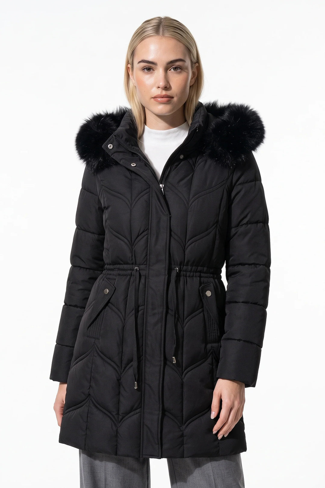 Lucile Vaudreuil | Women’s Winter Warm Longline Faux Fur Hood Puffer Coat with Adjustable Waist