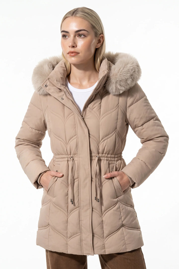 Lucile Vaudreuil | Women’s Winter Warm Longline Faux Fur Hood Puffer Coat with Adjustable Waist