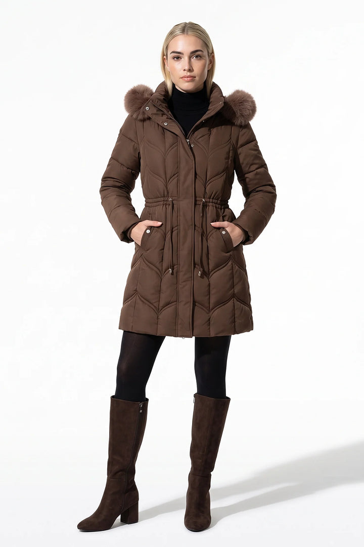 Lucile Vaudreuil | Women’s Winter Warm Longline Faux Fur Hood Puffer Coat with Adjustable Waist