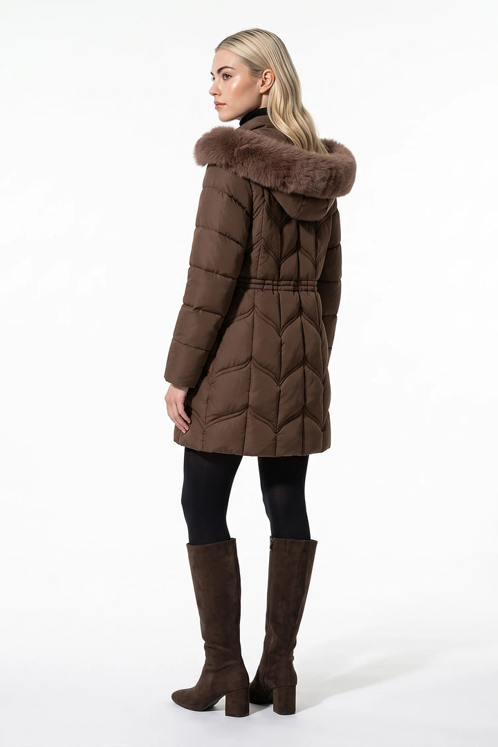 Lucile Vaudreuil | Women’s Winter Warm Longline Faux Fur Hood Puffer Coat with Adjustable Waist