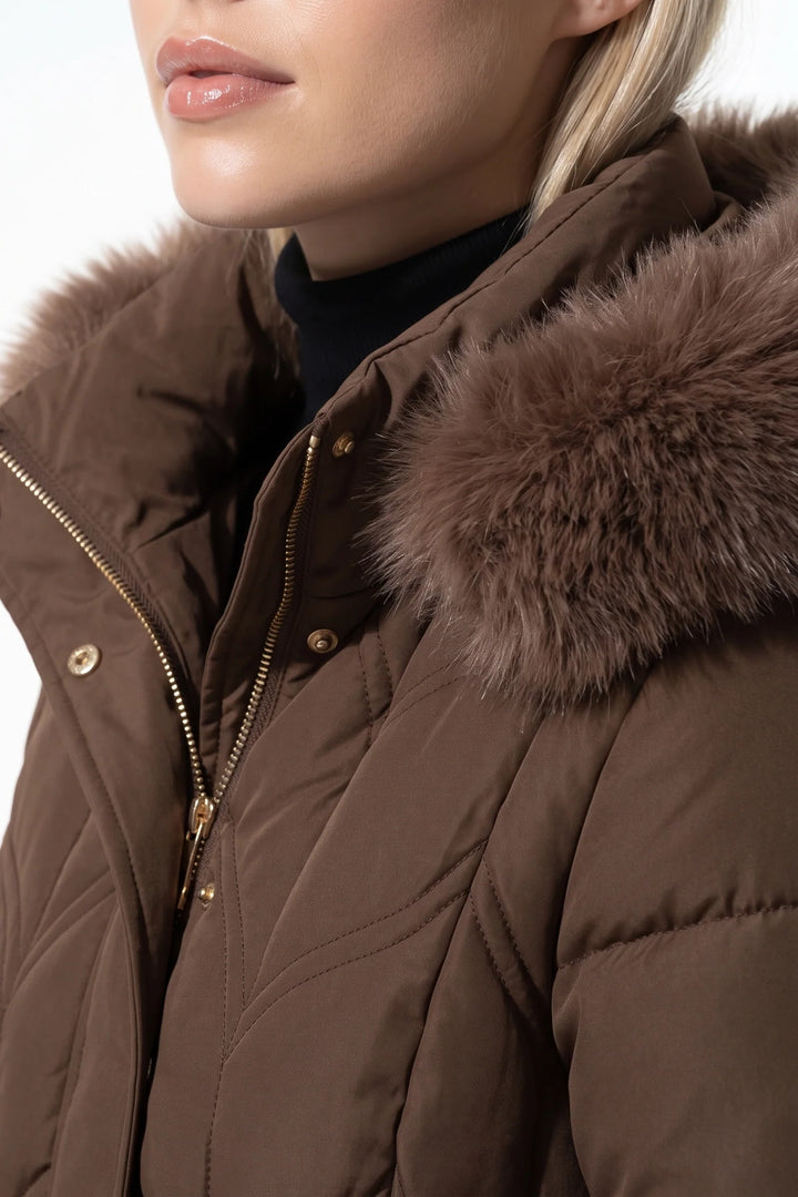 Lucile Vaudreuil | Women’s Winter Warm Longline Faux Fur Hood Puffer Coat with Adjustable Waist