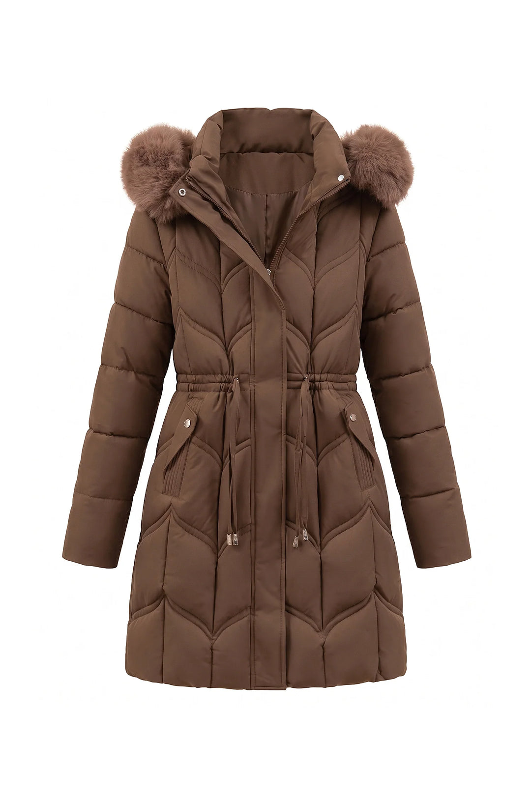 Lucile Vaudreuil | Women’s Winter Warm Longline Faux Fur Hood Puffer Coat with Adjustable Waist
