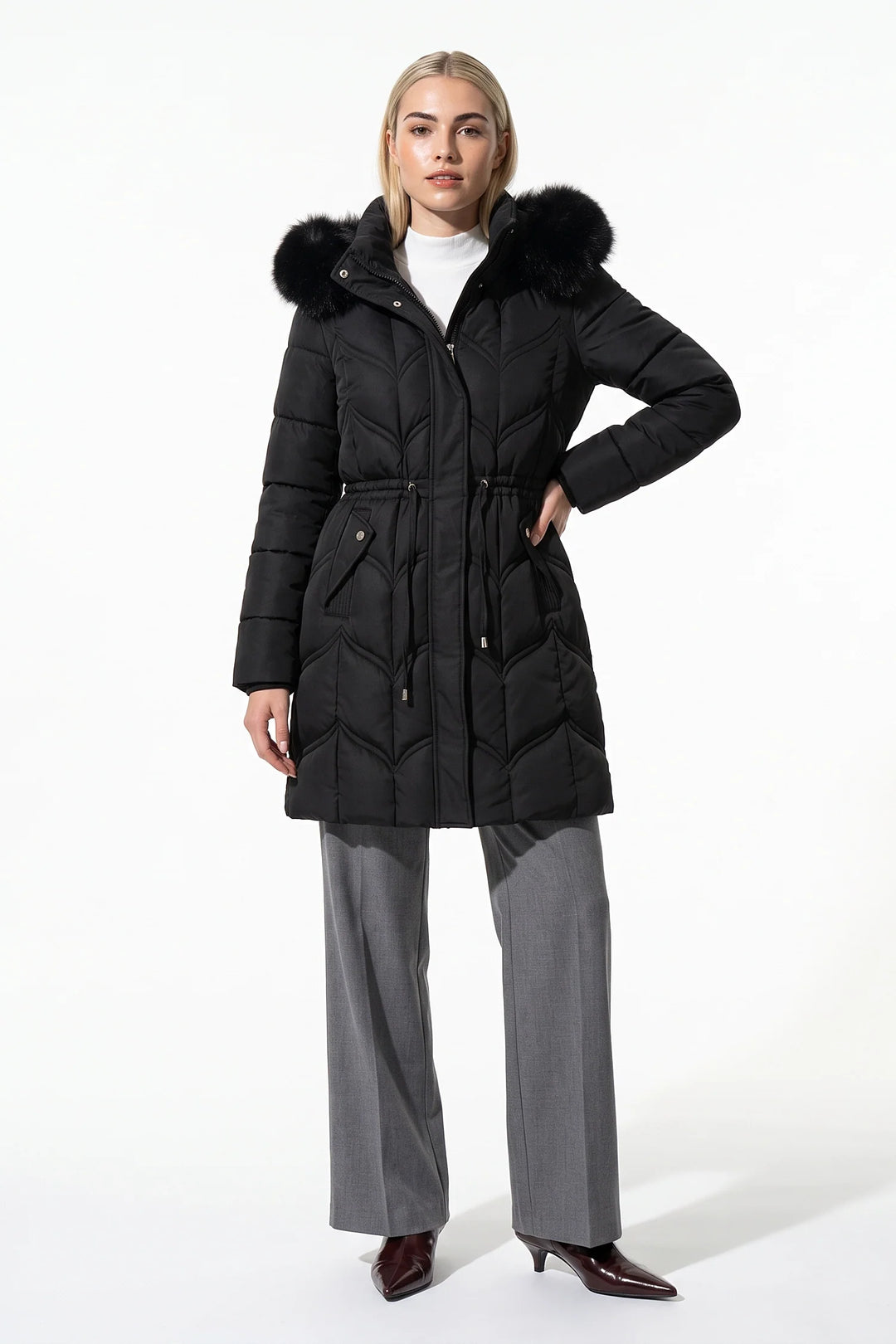 Lucile Vaudreuil | Women’s Winter Warm Longline Faux Fur Hood Puffer Coat with Adjustable Waist