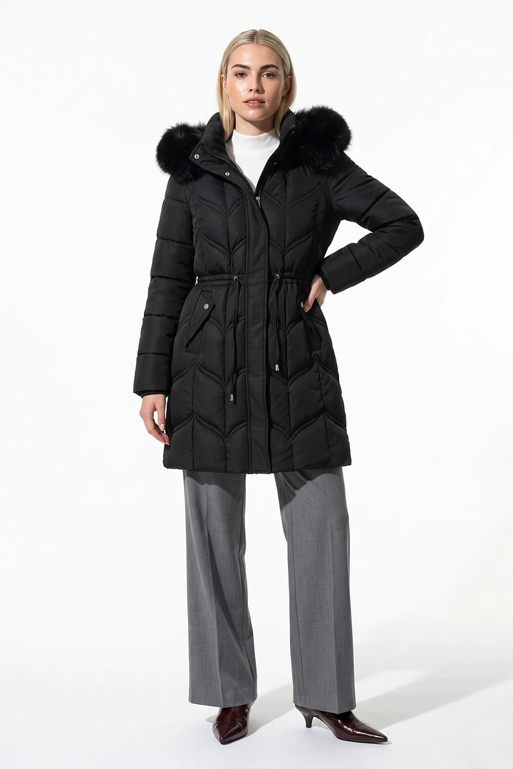 Lucile Vaudreuil | Women’s Winter Warm Longline Faux Fur Hood Puffer Coat with Adjustable Waist