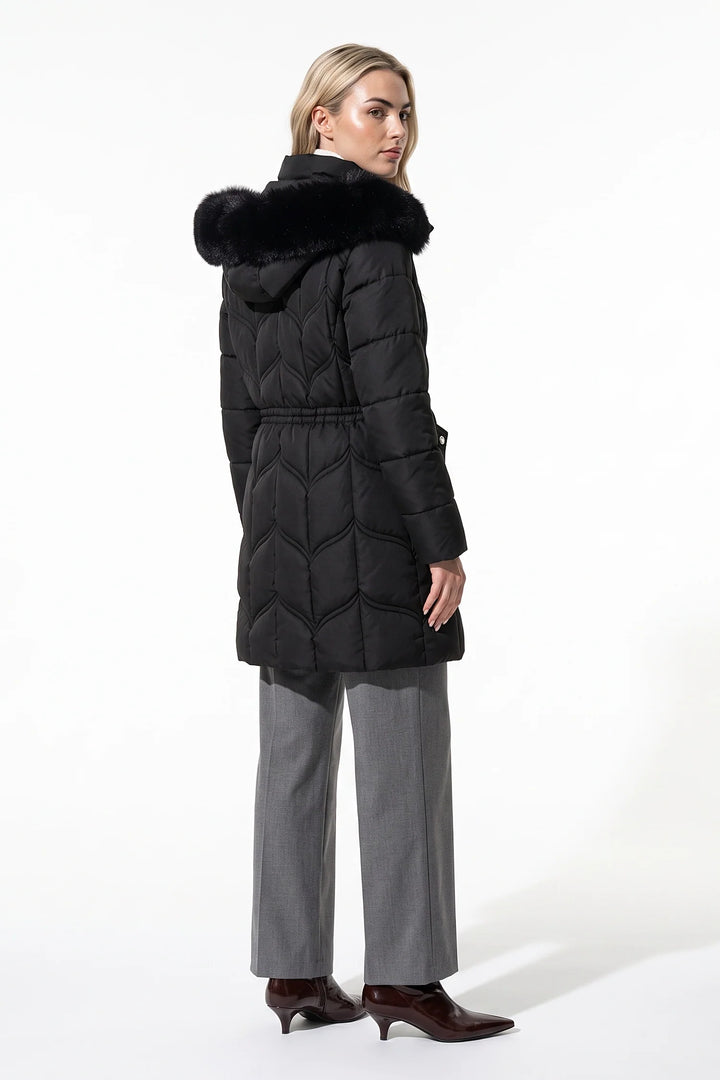 Lucile Vaudreuil | Women’s Winter Warm Longline Faux Fur Hood Puffer Coat with Adjustable Waist