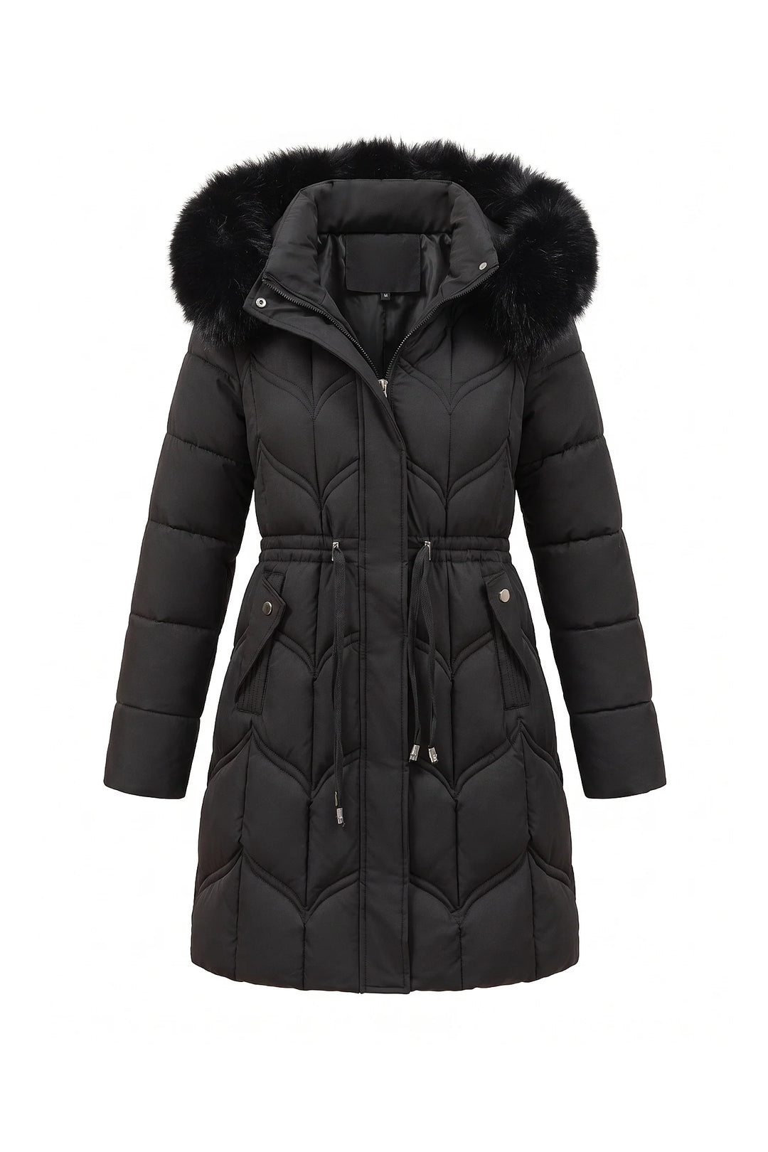 Lucile Vaudreuil | Women’s Winter Warm Longline Faux Fur Hood Puffer Coat with Adjustable Waist