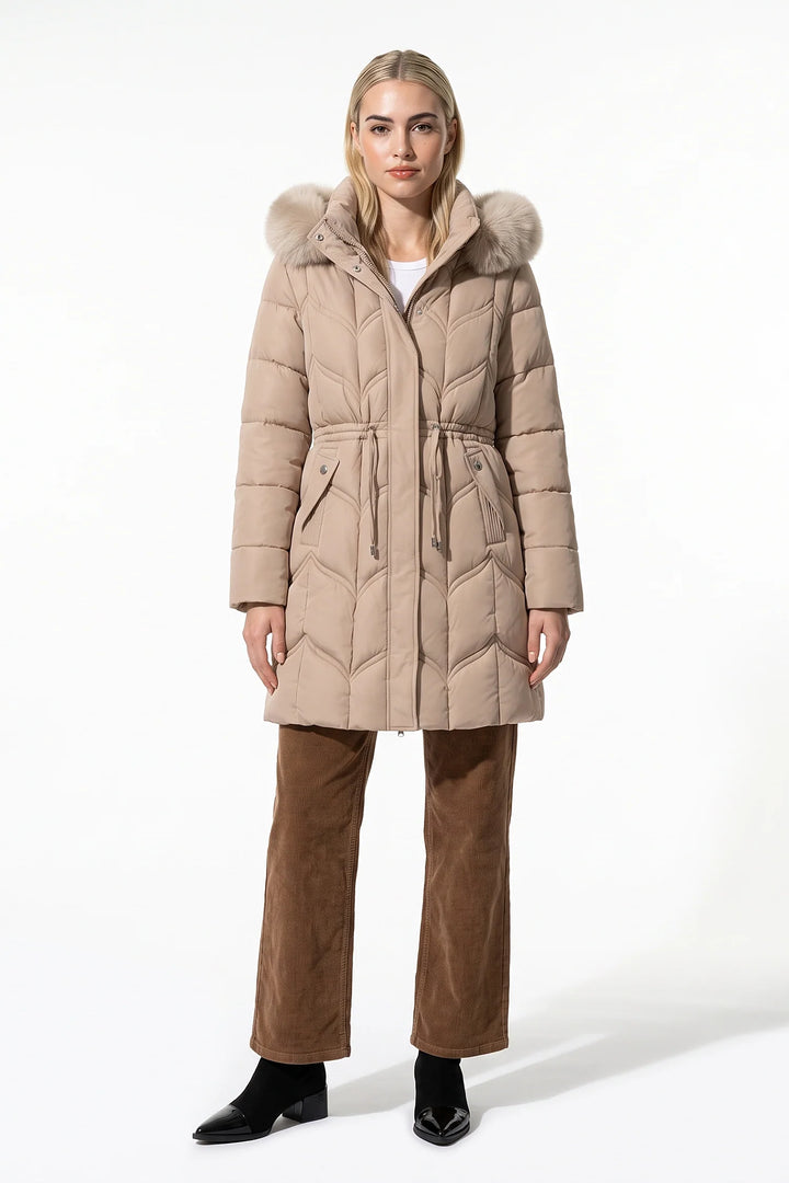 Lucile Vaudreuil | Women’s Winter Warm Longline Faux Fur Hood Puffer Coat with Adjustable Waist