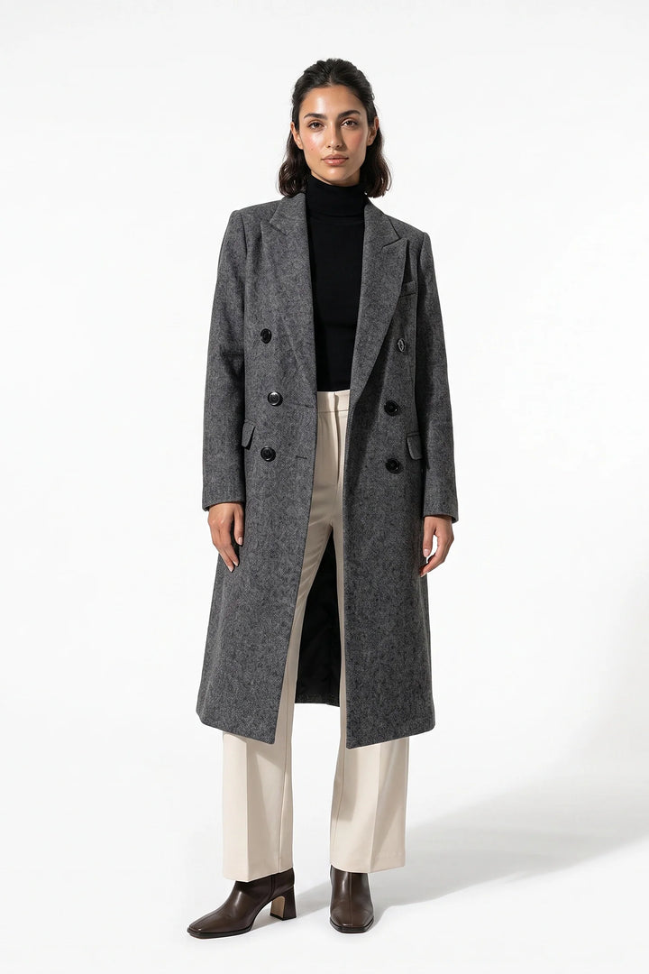 Adèle Chassagne | Women’s Longline Double-Breasted Wool Coat with Notched Lapel