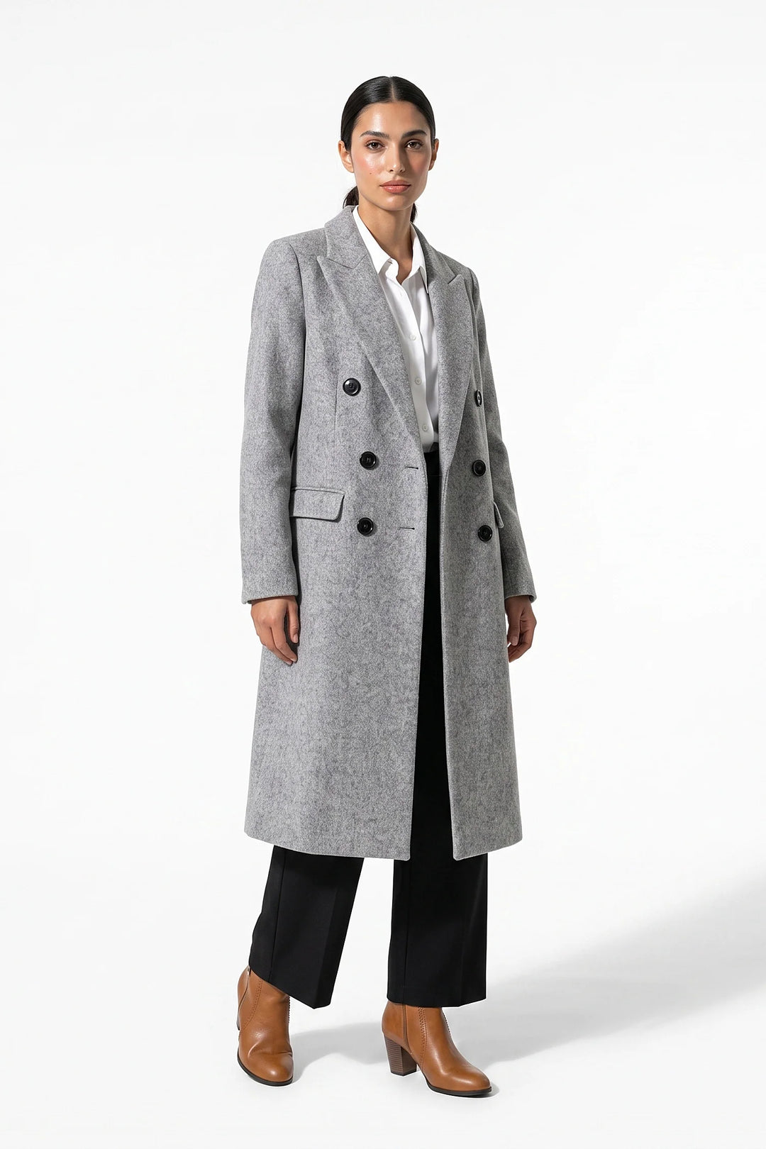 Adèle Chassagne | Women’s Longline Double-Breasted Wool Coat with Notched Lapel