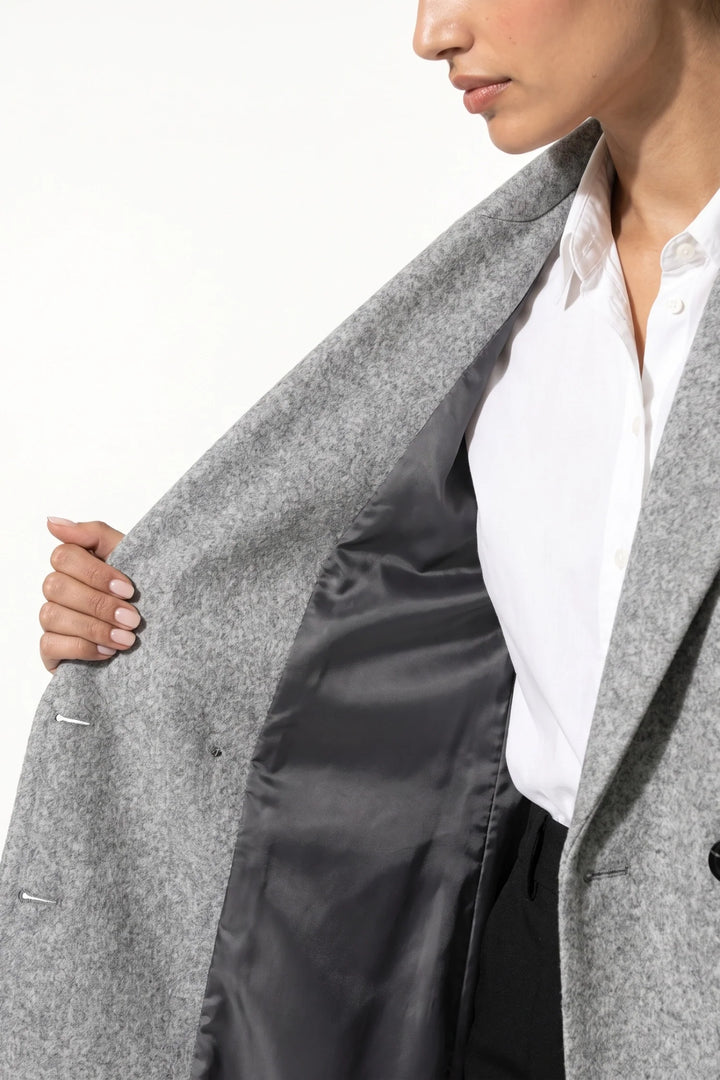 Adèle Chassagne | Women’s Longline Double-Breasted Wool Coat with Notched Lapel