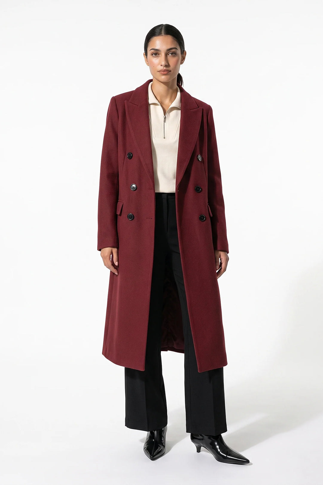 Adèle Chassagne | Women’s Longline Double-Breasted Wool Coat with Notched Lapel