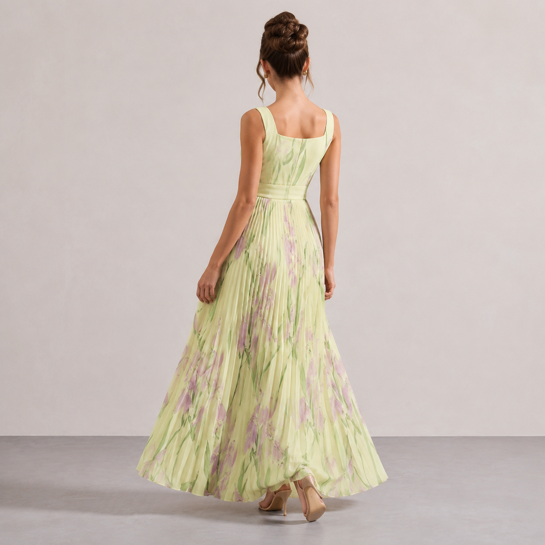 Éléonore Leduc | Floral Print Pleated Square Neck Maxi Dress