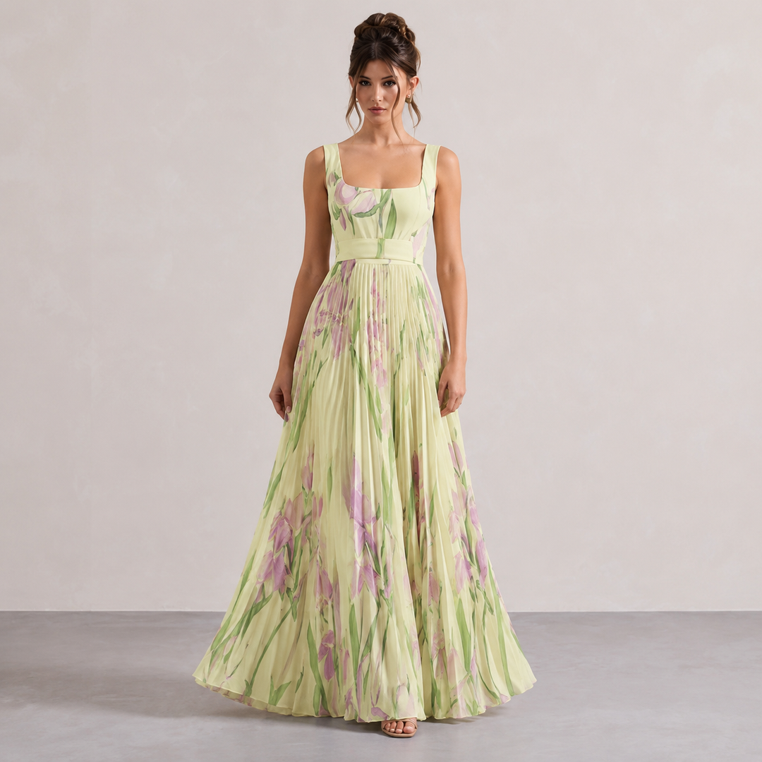 Éléonore Leduc | Floral Print Pleated Square Neck Maxi Dress